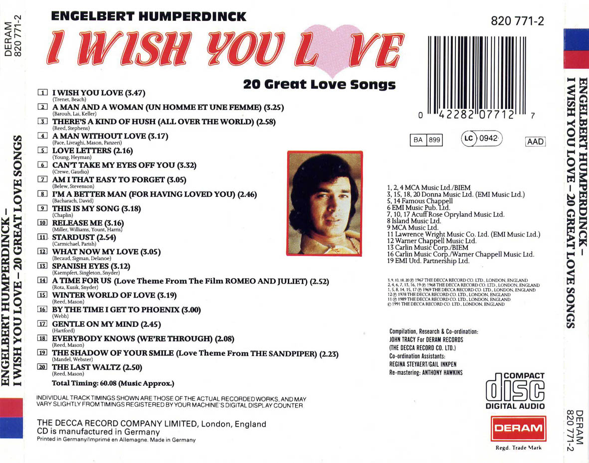 Engelbert Humperdinck  I Wish You Love 20 Great Love Songs : Back
